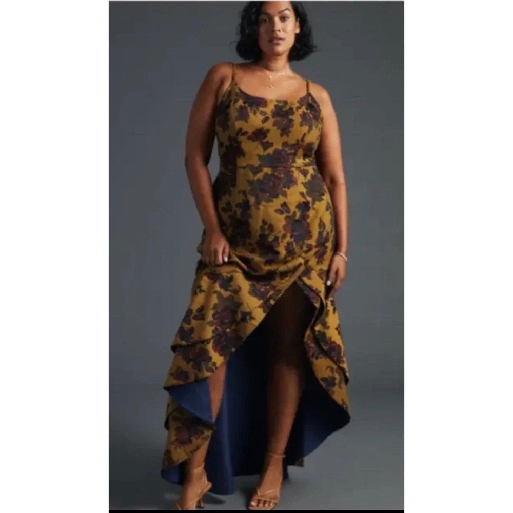Hutch Floral Ruffle High-Low Maxi Dress Womens 12P Olive Gold Botanical Wedding